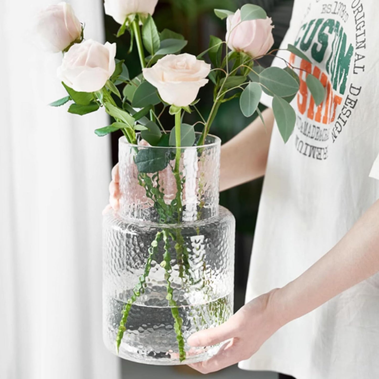 Rippenglasvase geriffelte Blume, Innjoii Glas klare Vasen Moderne Blumenvase Dekorativ mit großer Kapazität Große Vasen Dekor für Blumen Home Office Hochzeit, Wohnzimmer, Tisch, 16cm(W)* 26cm(H)