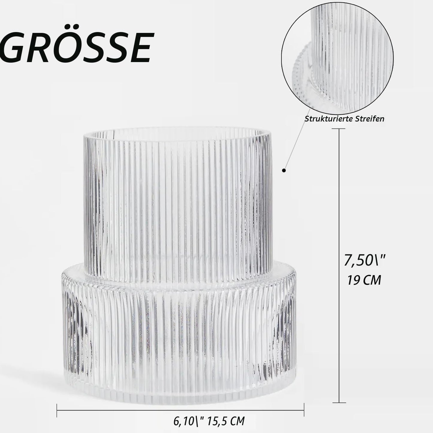 Glasvase, gerippte Vase für Blumen, Blumenvasen für Tulpen, geriffelte durchsichtige Vasen für Wohnzimmer, Esszimmer, Schlafzimmer, Regal, Hochzeit, Büro, Couchtisch, Geburtstag, 19 cm