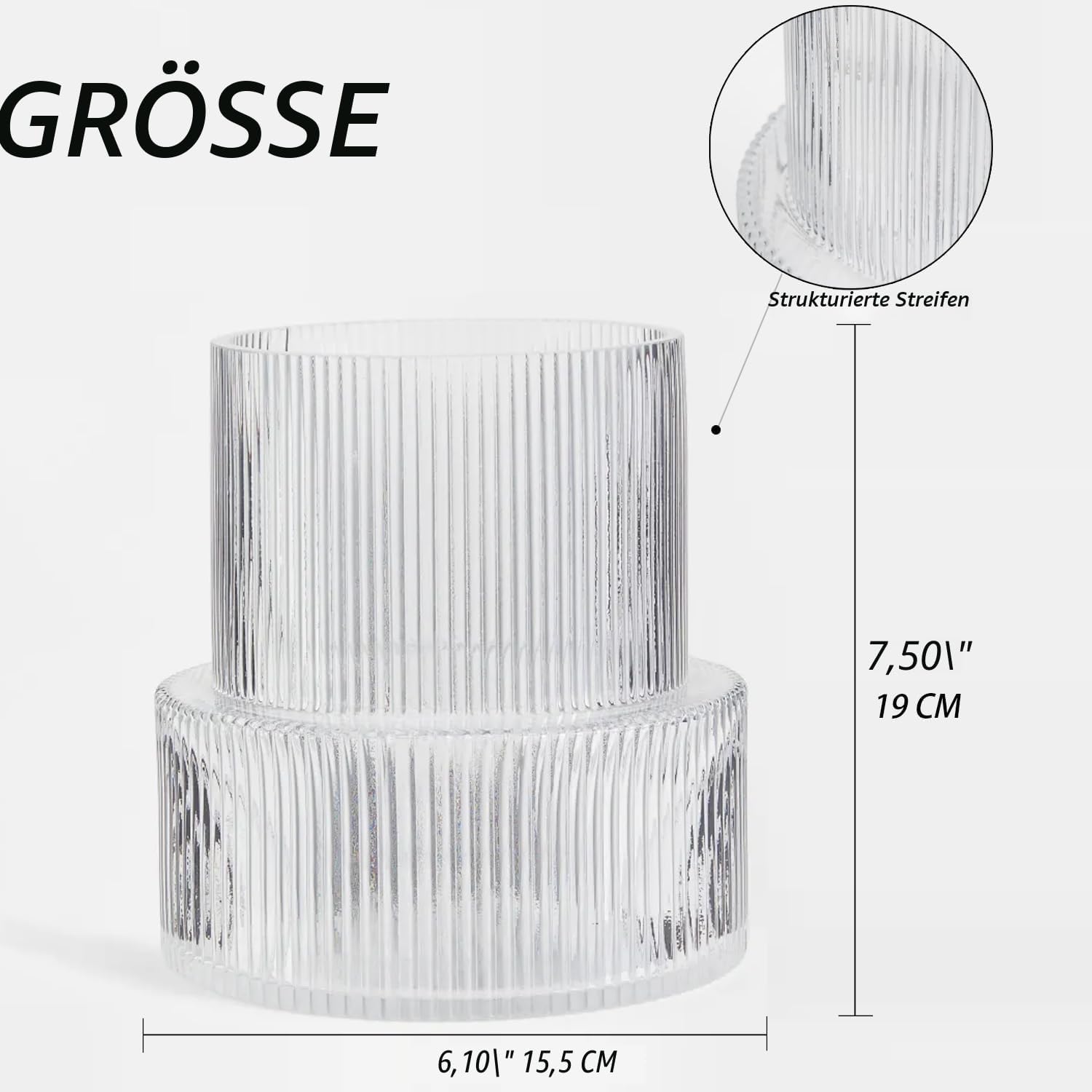 Glasvase, gerippte Vase für Blumen, Blumenvasen für Tulpen, geriffelte durchsichtige Vasen für Wohnzimmer, Esszimmer, Schlafzimmer, Regal, Hochzeit, Büro, Couchtisch, Geburtstag, 19 cm