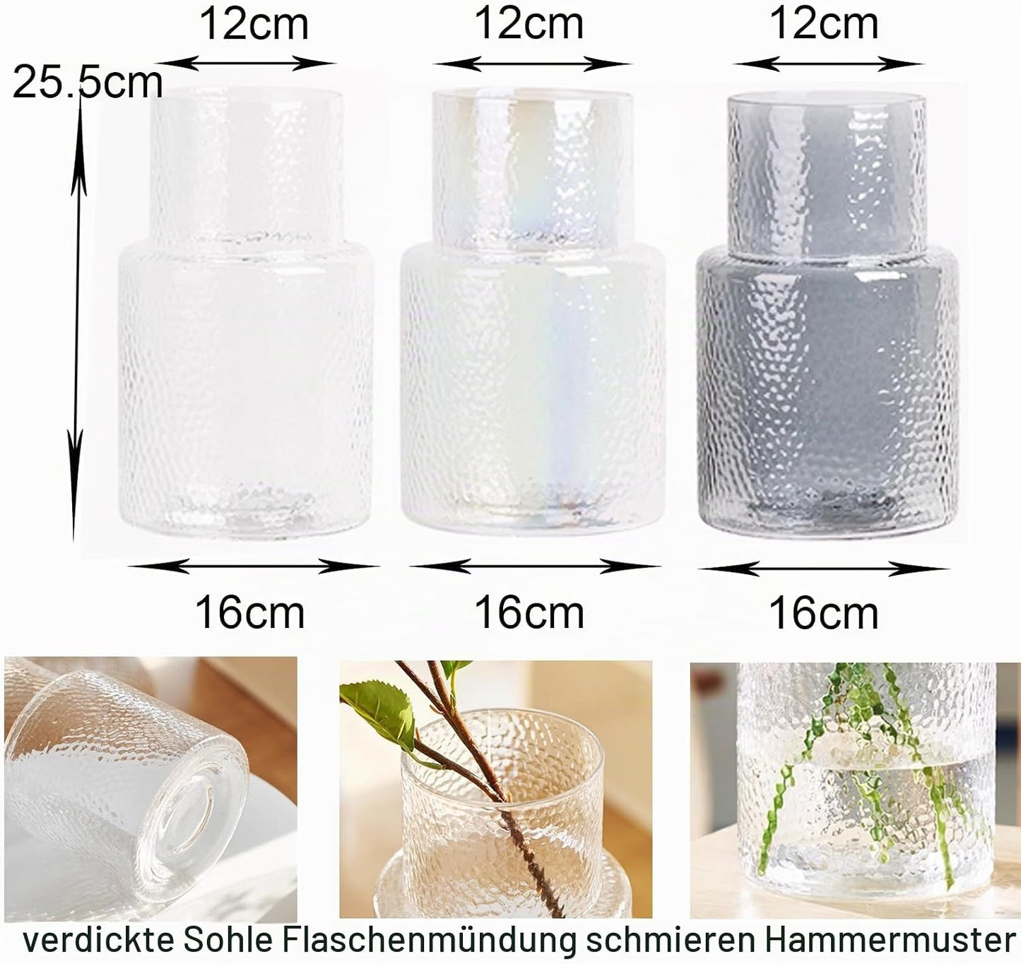 Rippenglasvase geriffelte Blume, Innjoii Glas klare Vasen Moderne Blumenvase Dekorativ mit großer Kapazität Große Vasen Dekor für Blumen Home Office Hochzeit, Wohnzimmer, Tisch, 16cm(W)* 26cm(H)
