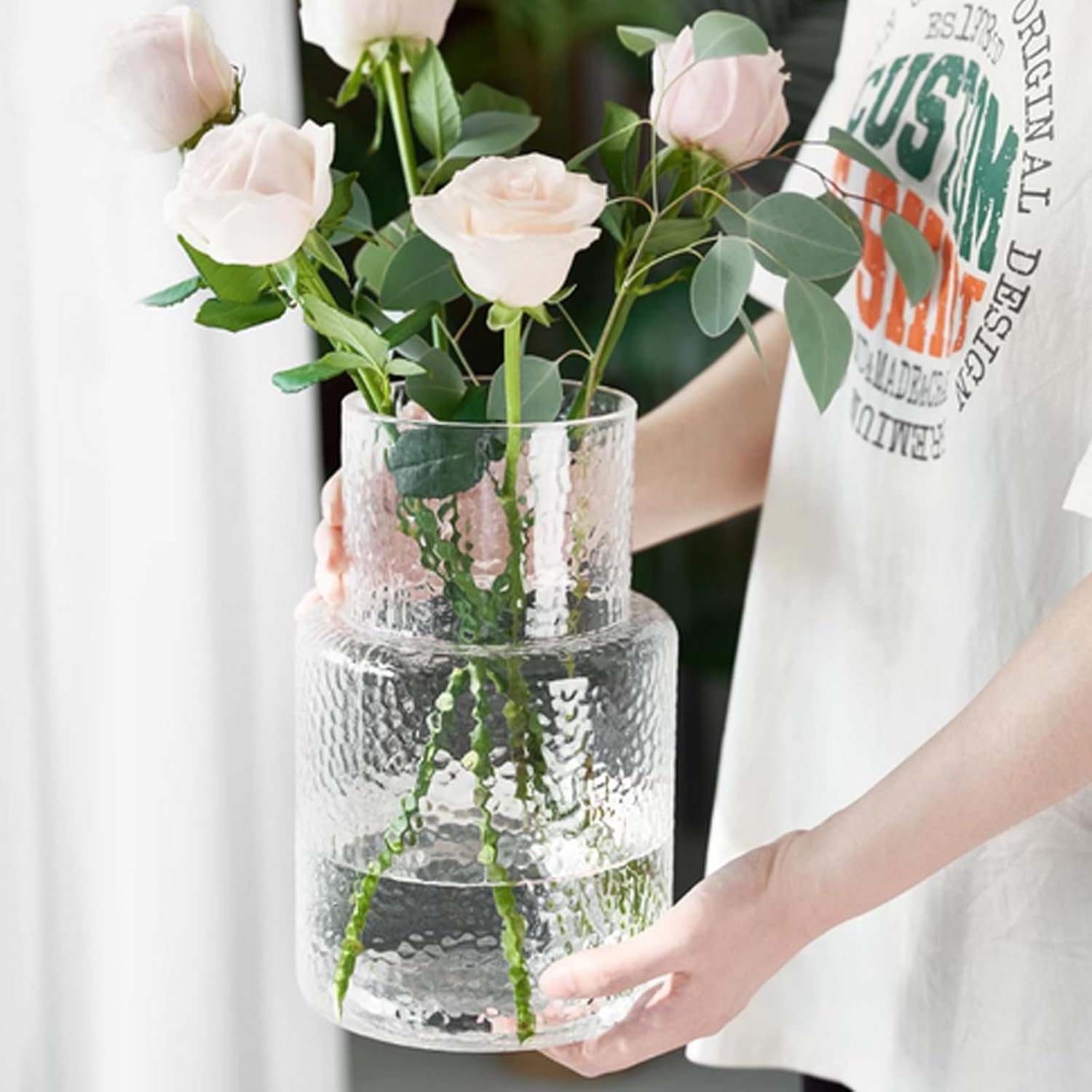 Rippenglasvase geriffelte Blume, Innjoii Glas klare Vasen Moderne Blumenvase Dekorativ mit großer Kapazität Große Vasen Dekor für Blumen Home Office Hochzeit, Wohnzimmer, Tisch, 16cm(W)* 26cm(H)