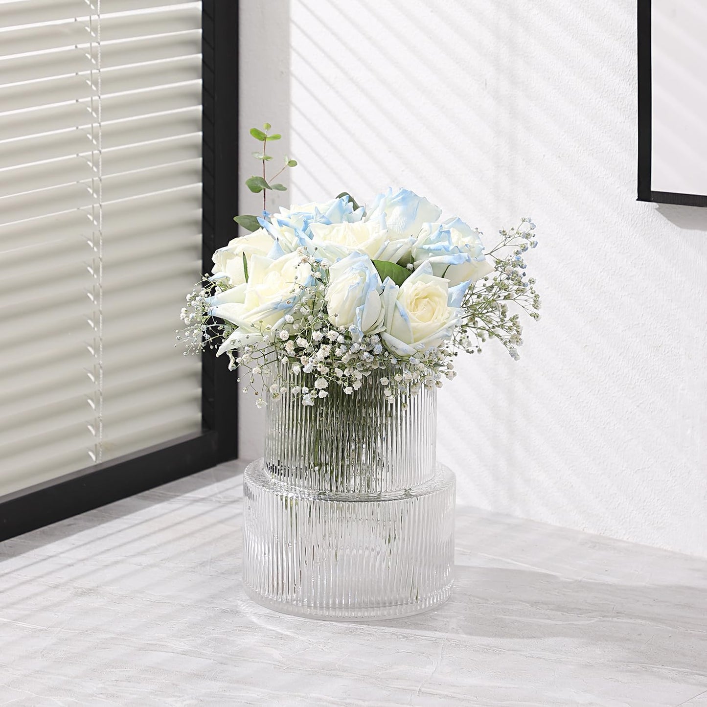 Glasvase, gerippte Vase für Blumen, Blumenvasen für Tulpen, geriffelte durchsichtige Vasen für Wohnzimmer, Esszimmer, Schlafzimmer, Regal, Hochzeit, Büro, Couchtisch, Geburtstag, 19 cm